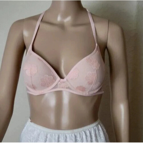 PINK VICTORIA’S SECRET Bra LIGHTLY LINED Racerback blush Floral Lace Size 32C - Picture 1 of 7